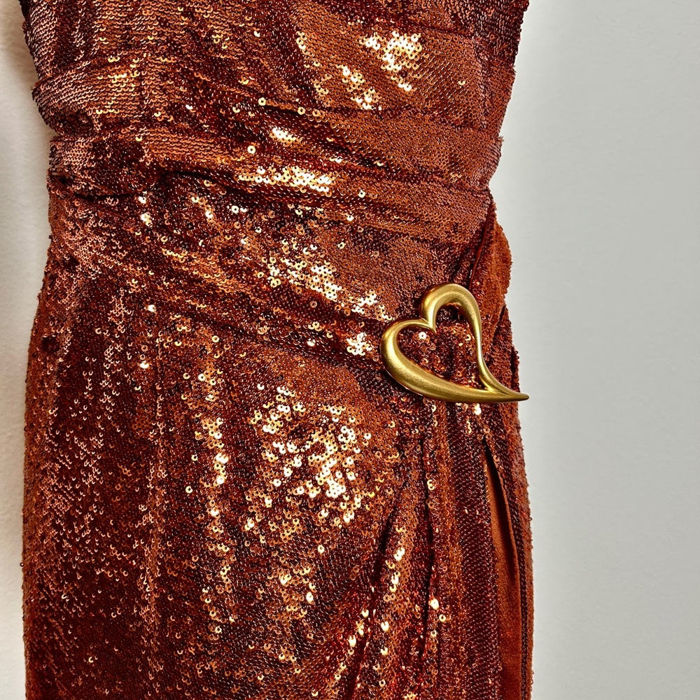 NWT Halston Copper Sequin Halter V Gown Dress Heart Buckle Sleeveless Size 14 - Picture 3 of 13